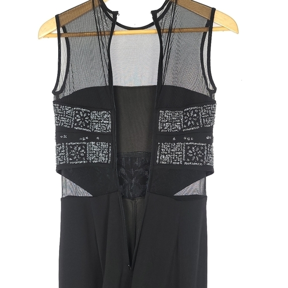 TADASHI Black Sheer Embroidered Velvet Cutout High Neck Jumpsuit Sz2 - Picture 6 of 7